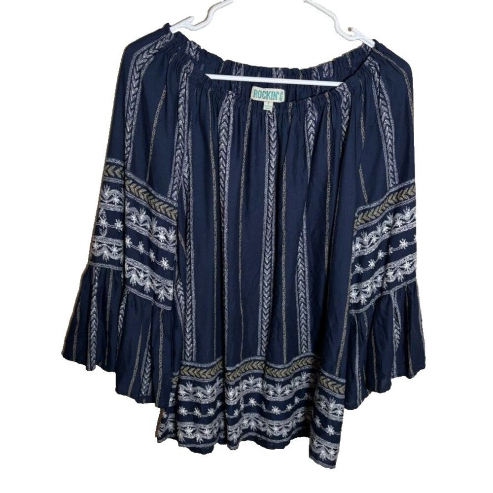 Rockin' C Blouse Women's Small Blue 3/4 Sleeve Flare Round Neck Boho Top